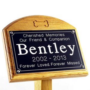7x5 oak memorial pet ground stake with black plaque, white text, carved bone, sans-serif