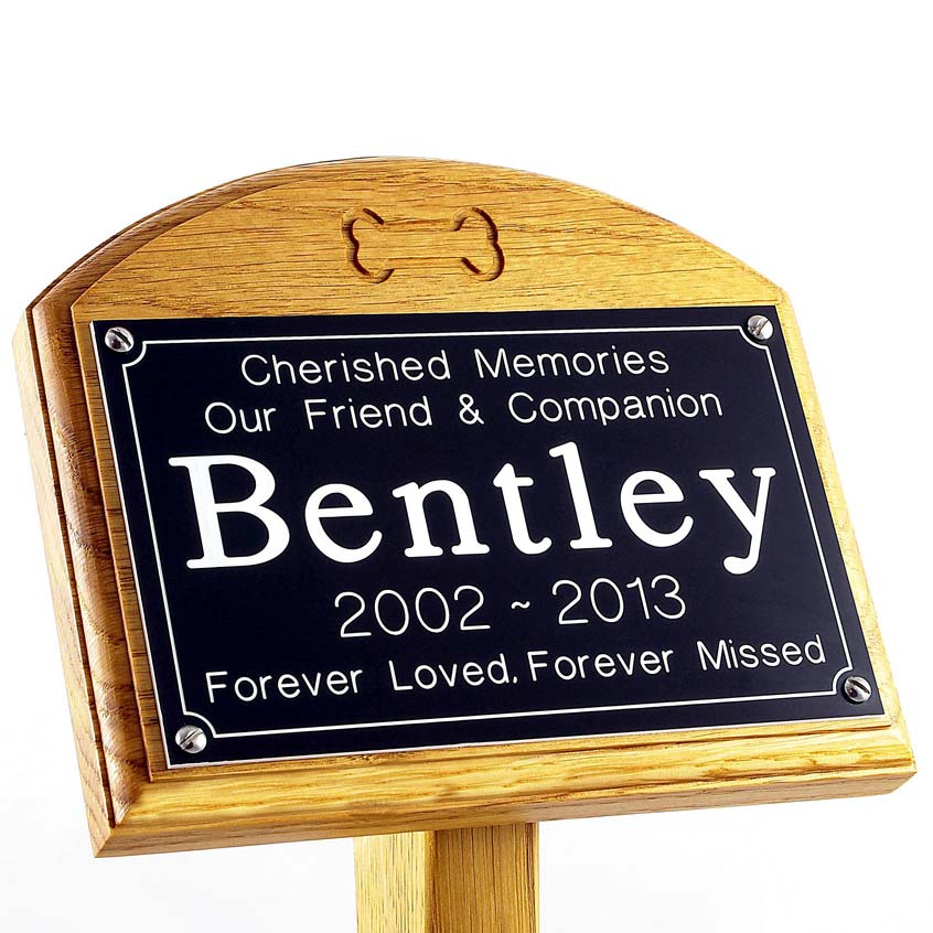 7x5 oak memorial pet ground stake with black plaque, white text, carved bone, sans-serif