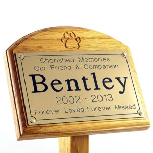 7x5 oak memorial pet ground stake with gold plaque and carved paw print