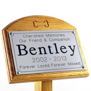 7x5 oak memoriakl pet ground stake with silver plaque, carved bone and sans-serif font