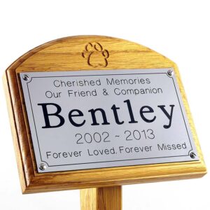 7x5 oak memorial pet ground stake with silver plaque, black text, carved paw print, san-serif