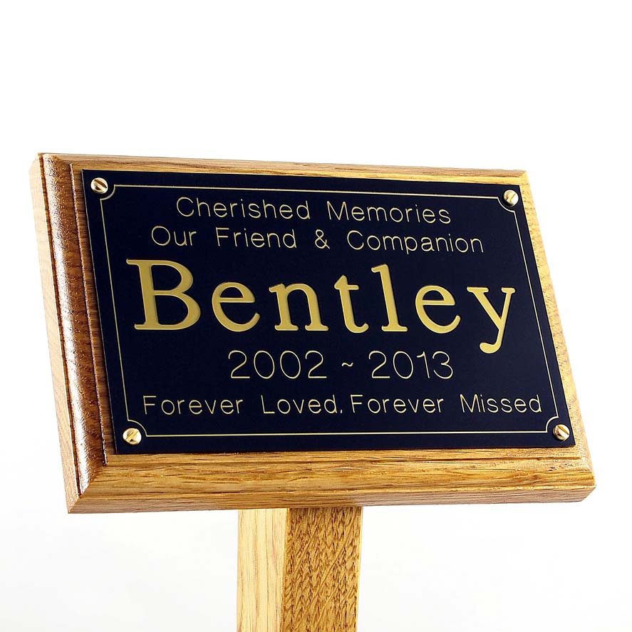 7x5 oak memorial pet ground stake with balck plaque, gold text, sans-serif