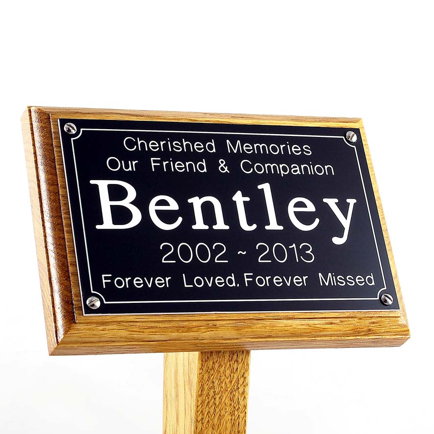 7x5 oak memorial pet ground stake with black plaque, white text, sans-serif