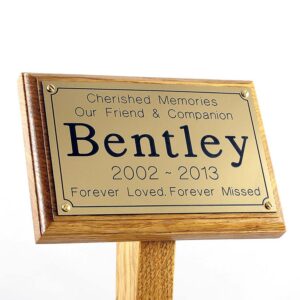 6x4 memorial oak pet ground stake with gold plaque, sans-serif