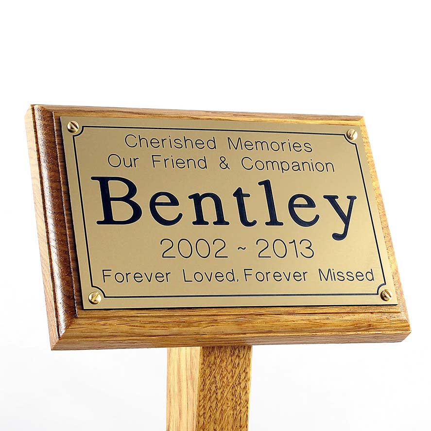 6x4 memorial oak pet ground stake with gold plaque, sans-serif