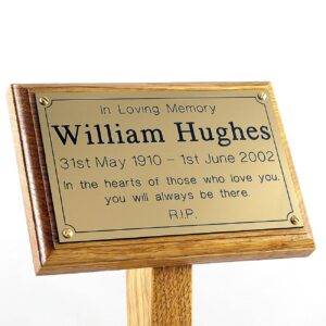 7" x 5" oak memorial ground stake with gold plaque, sans-serif font - close-up