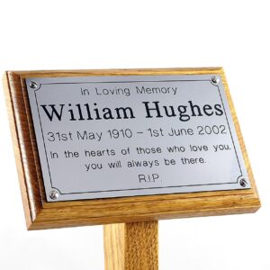 7" x 5" oak memorial ground stake with silver plaque and sans-serif font - close-up