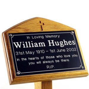 7" x 5" memorial oak ground stake with black plaque, white text, sans-serif font and carved cross