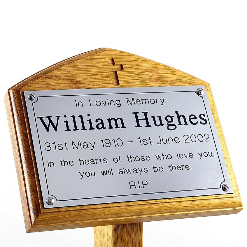 7" x 5" memorial oak ground stake with carved cross, silver plaque, sans-serif