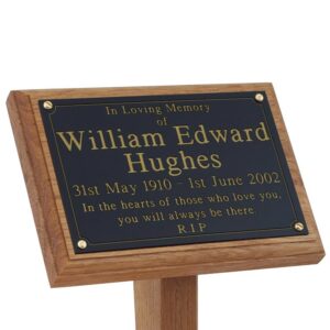 7" x 5" Oak memorial ground stake with black plaque with gold text - close-up