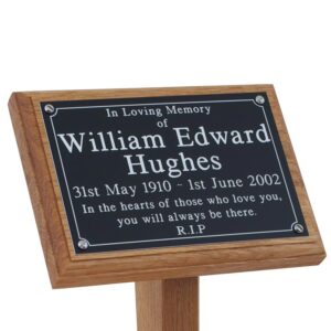 7" x 5" Oak memorial ground stake with black plaque with white text - close-up