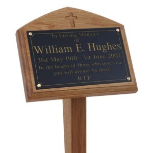 7" x 5" memorial oak ground stake with engraved plaque and carved cross
